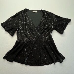 Grace Karin Sequin Peplum Top Flutter Sleeve Medium Black Festive Party Holiday